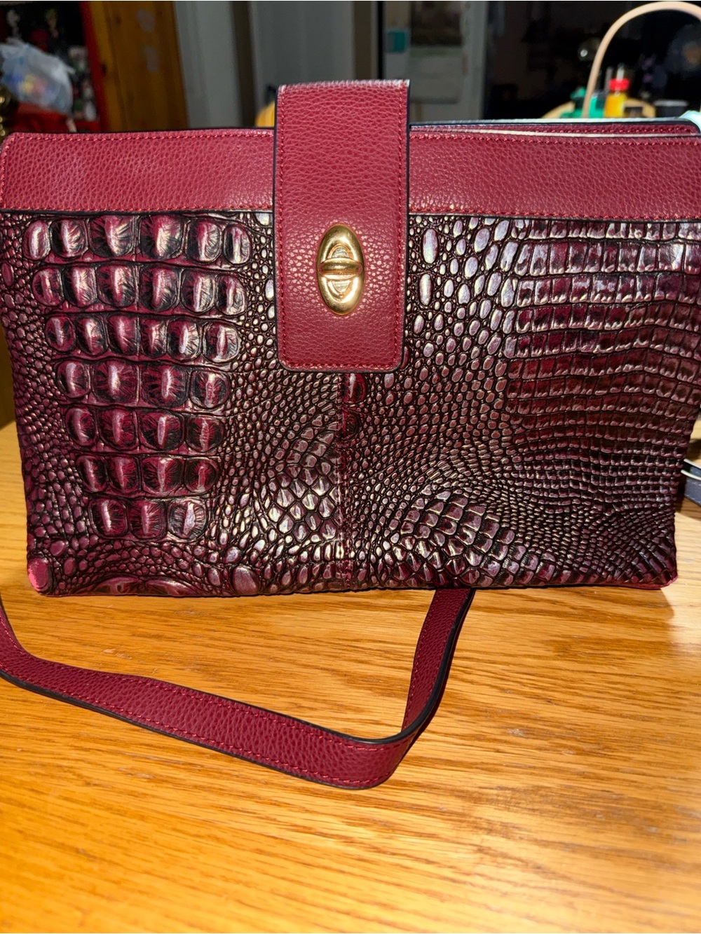 MC Burgundy Croc-Textured Shoulder Bag with Gold-Tone Turn Lock
